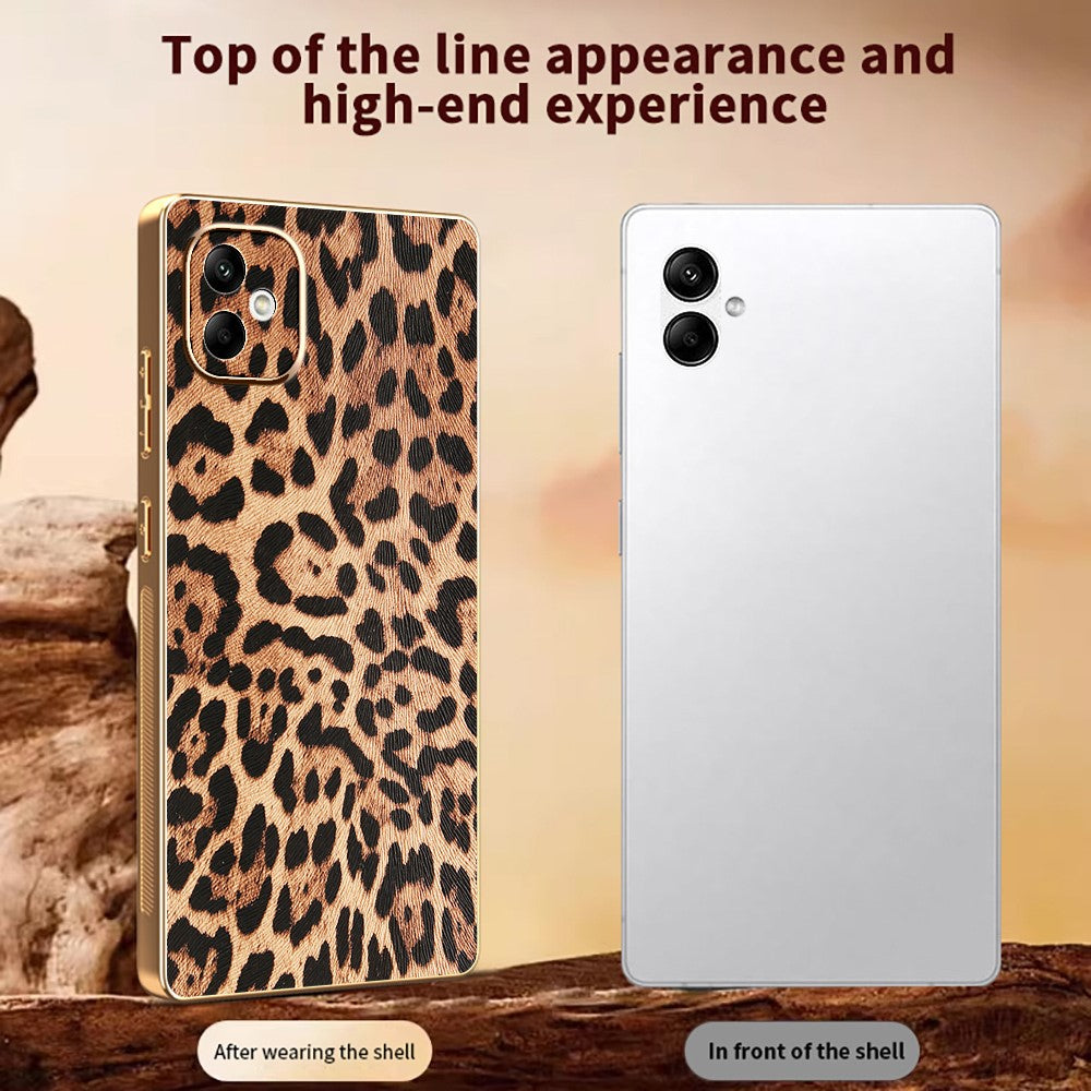 Samsung Galaxy A08 5G / A08 4G / A07 4G / A07s 4G-cover med leopardmønster, PU-læderbelagt PC + TPU, galvaniseret mobilcover