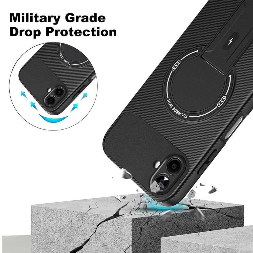 Samsung Galaxy A08 5G / A08 4G / A07 4G / A07s 4G-skal med stativ, kolfiberstruktur, PC + TPU-mobilskal