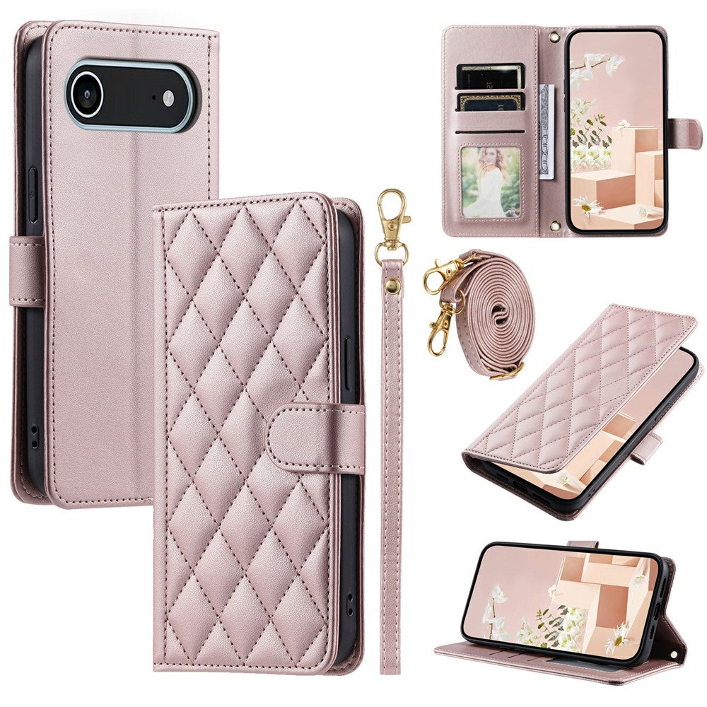 For iPhone Air Case Wallet Rhombus Grid PU Leather Phone Cover with Shoulder Strap / Wrist Strap