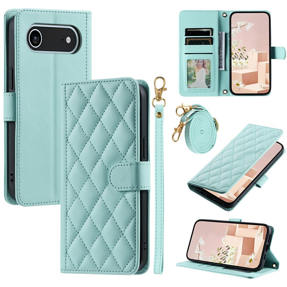 For iPhone Air Case Wallet Rhombus Grid PU Leather Phone Cover with Shoulder Strap / Wrist Strap