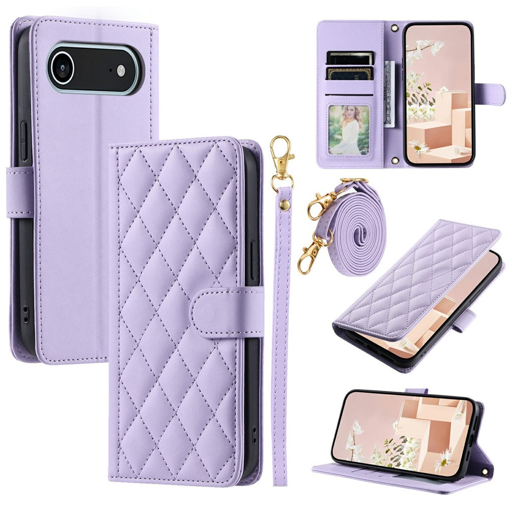 For iPhone Air Case Wallet Rhombus Grid PU Leather Phone Cover with Shoulder Strap / Wrist Strap