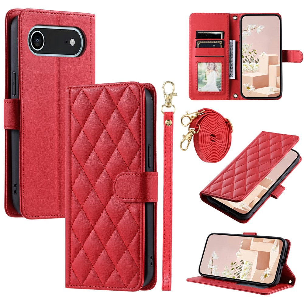 For iPhone Air Case Wallet Rhombus Grid PU Leather Phone Cover with Shoulder Strap / Wrist Strap
