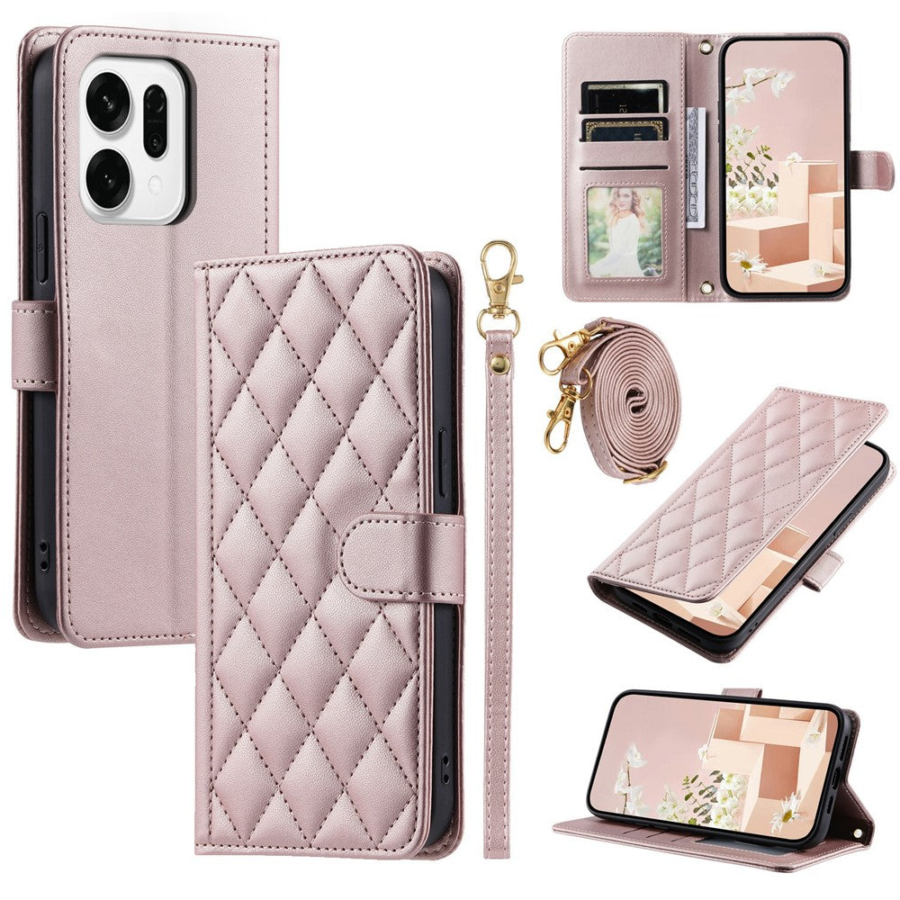 For Oppo Reno14 Pro 5G (Global) Case Wallet Rhombus Grid PU Leather Phone Cover with Shoulder Strap / Wrist Strap