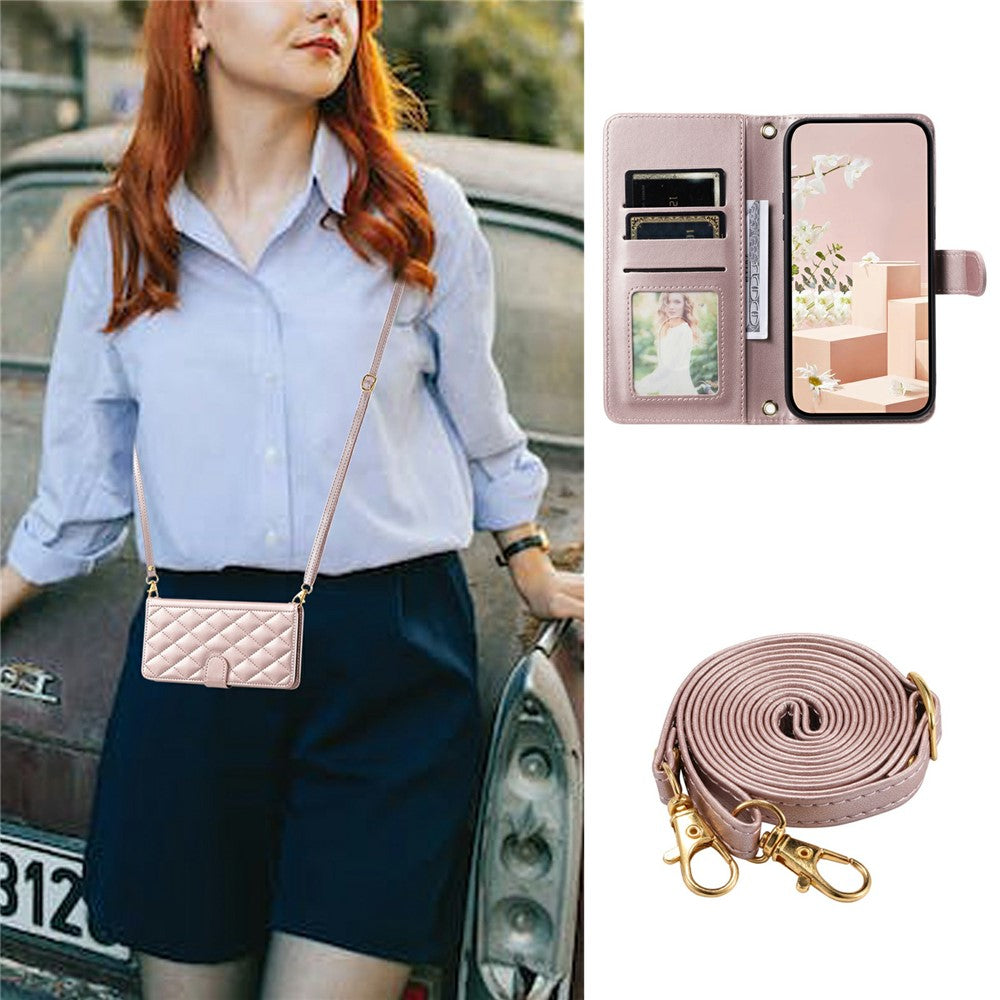 For Oppo Reno14 Pro 5G (Global) Case Wallet Rhombus Grid PU Leather Phone Cover with Shoulder Strap / Wrist Strap