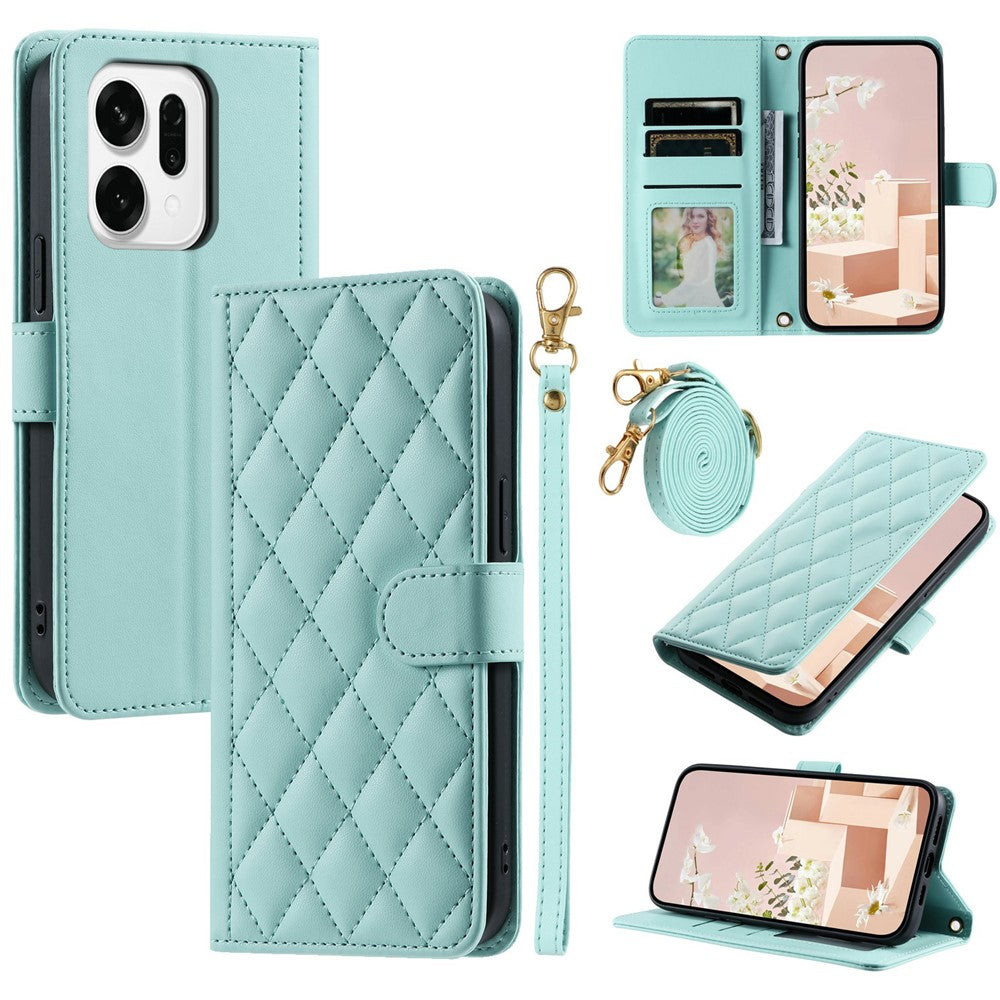 For Oppo Reno14 Pro 5G (Global) Case Wallet Rhombus Grid PU Leather Phone Cover with Shoulder Strap / Wrist Strap