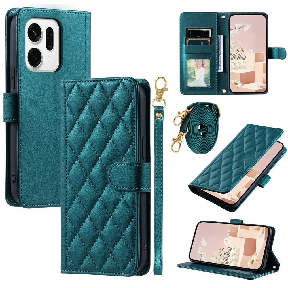 For Oppo Reno14 Pro 5G (Global) Case Wallet Rhombus Grid PU Leather Phone Cover with Shoulder Strap / Wrist Strap
