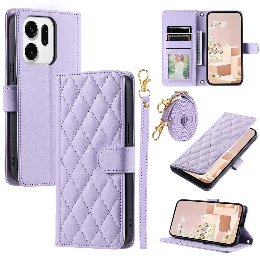 For Oppo Reno14 Pro 5G (Global) Case Wallet Rhombus Grid PU Leather Phone Cover with Shoulder Strap / Wrist Strap