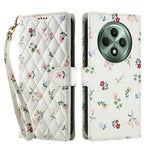 Pung til Oppo Reno12 F 5G / 4G / F27 5G med rombisk blomstermønster, læderflip-etui med rem