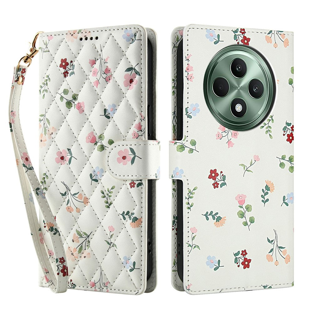 Pung til Oppo Reno12 F 5G / 4G / F27 5G med rombisk blomstermønster, læderflip-etui med rem