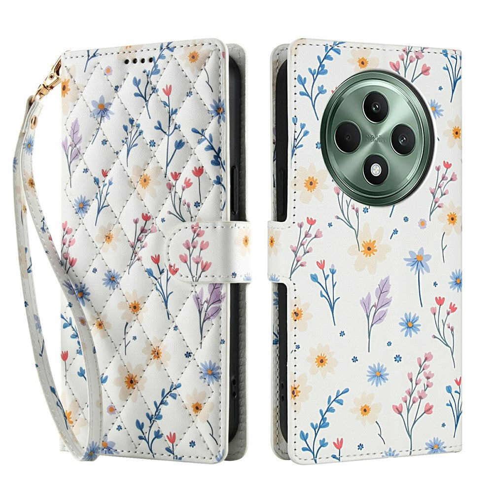 Pung til Oppo Reno12 F 5G / 4G / F27 5G med rombisk blomstermønster, læderflip-etui med rem