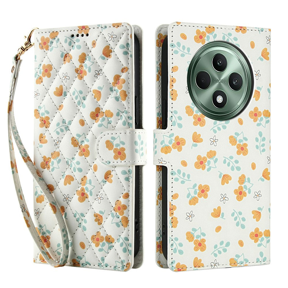 Pung til Oppo Reno12 F 5G / 4G / F27 5G med rombisk blomstermønster, læderflip-etui med rem