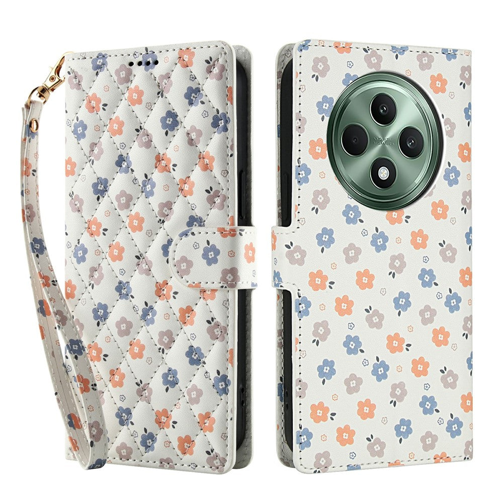 Pung til Oppo Reno12 F 5G / 4G / F27 5G med rombisk blomstermønster, læderflip-etui med rem