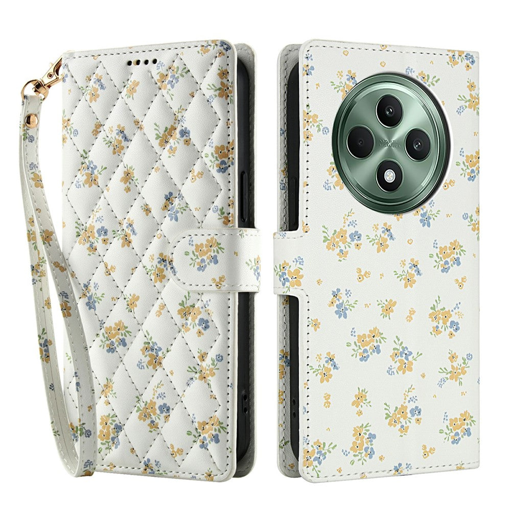 Pung til Oppo Reno12 F 5G / 4G / F27 5G med rombisk blomstermønster, læderflip-etui med rem