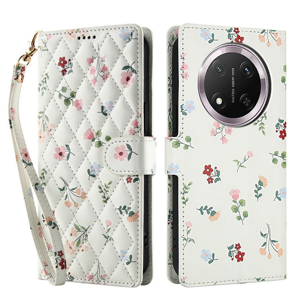 Wallet Case for Honor X9c 5G / Magic7 Lite 5G / X60 Pro 5G Rhombic Floral Design Leather Flip Phone Cover with Strap