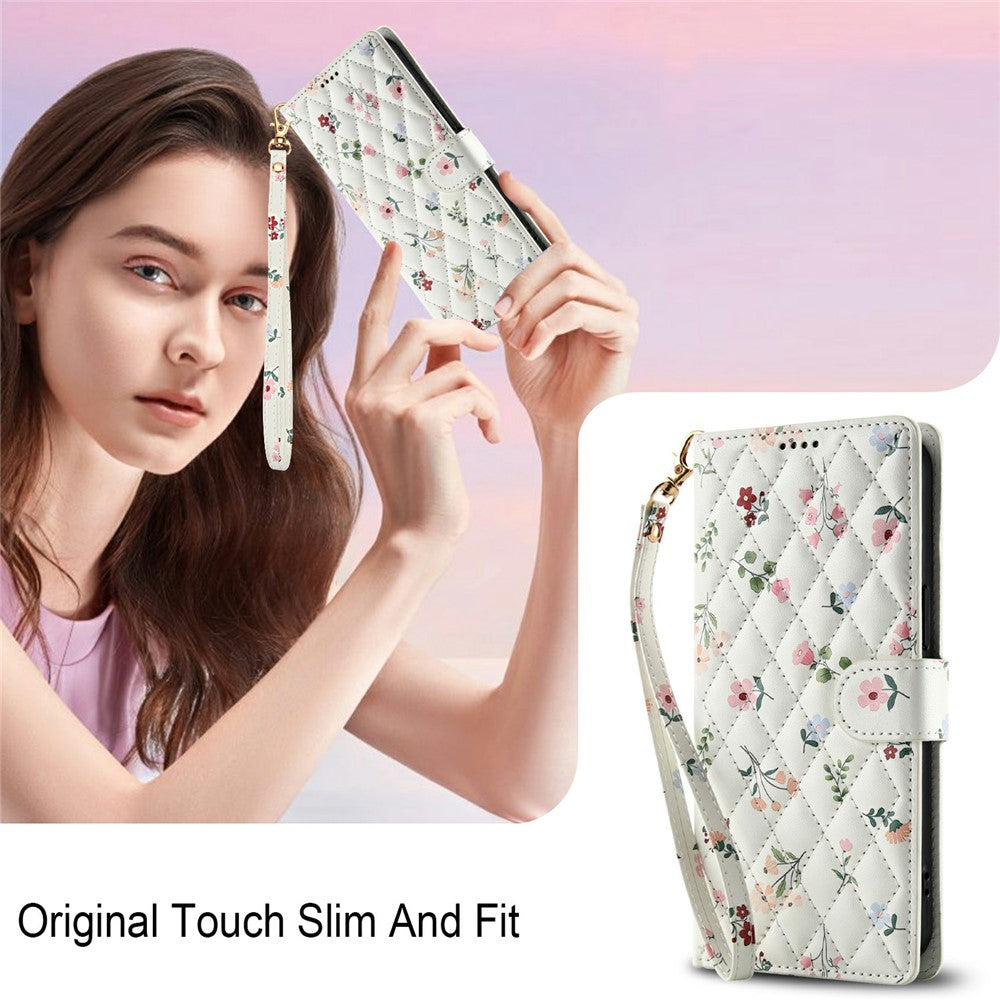 Wallet Case for Honor X9c 5G / Magic7 Lite 5G / X60 Pro 5G Rhombic Floral Design Leather Flip Phone Cover with Strap