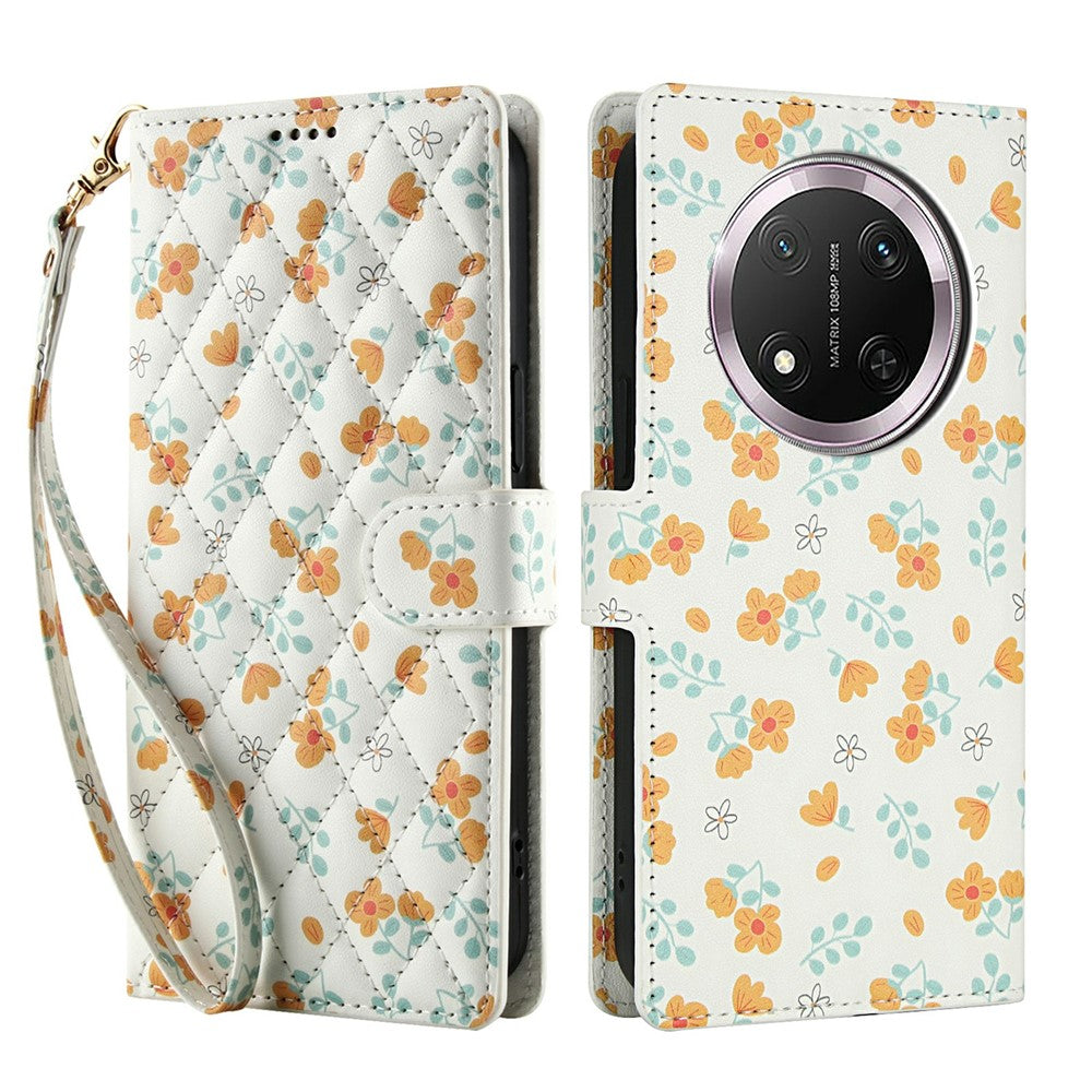 Wallet Case for Honor X9c 5G / Magic7 Lite 5G / X60 Pro 5G Rhombic Floral Design Leather Flip Phone Cover with Strap