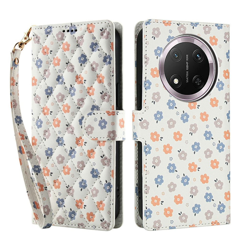 Wallet Case for Honor X9c 5G / Magic7 Lite 5G / X60 Pro 5G Rhombic Floral Design Leather Flip Phone Cover with Strap