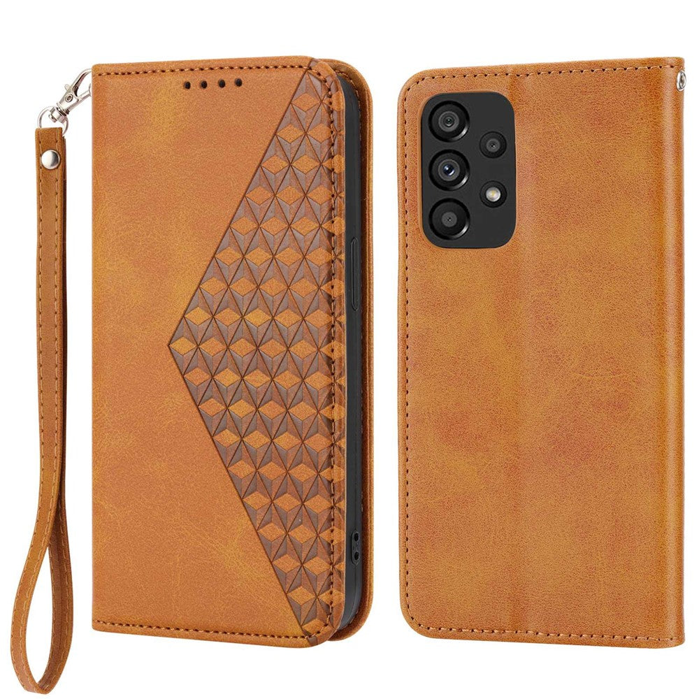 Til Samsung Galaxy A73 5G Kalvetekstur PU Læder Pungcover Præget Rombe Mønster Magnetisk Auto-absorberet Telefon Standcover med Rem