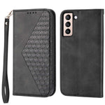 For Samsung Galaxy S22+ 5G Calf Texture PU Leather Imprinted Rhombus Pattern Case Phone Wallet Stand Cover with Strap