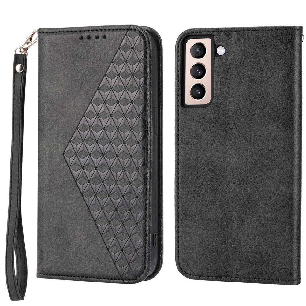 For Samsung Galaxy S22+ 5G Calf Texture PU Leather Imprinted Rhombus Pattern Case Phone Wallet Stand Cover with Strap