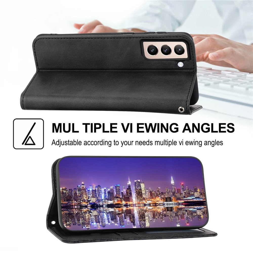 For Samsung Galaxy S22+ 5G Calf Texture PU Leather Imprinted Rhombus Pattern Case Phone Wallet Stand Cover with Strap