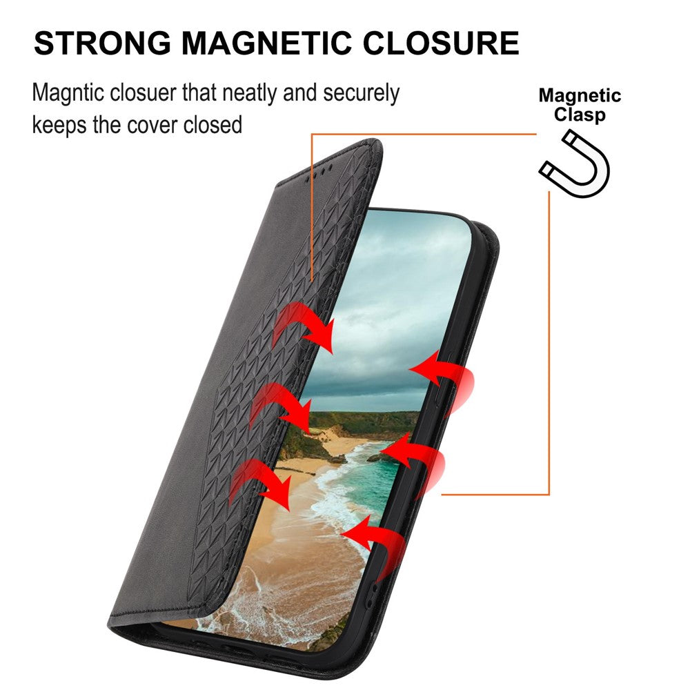 For Samsung Galaxy S22+ 5G Calf Texture PU Leather Imprinted Rhombus Pattern Case Phone Wallet Stand Cover with Strap
