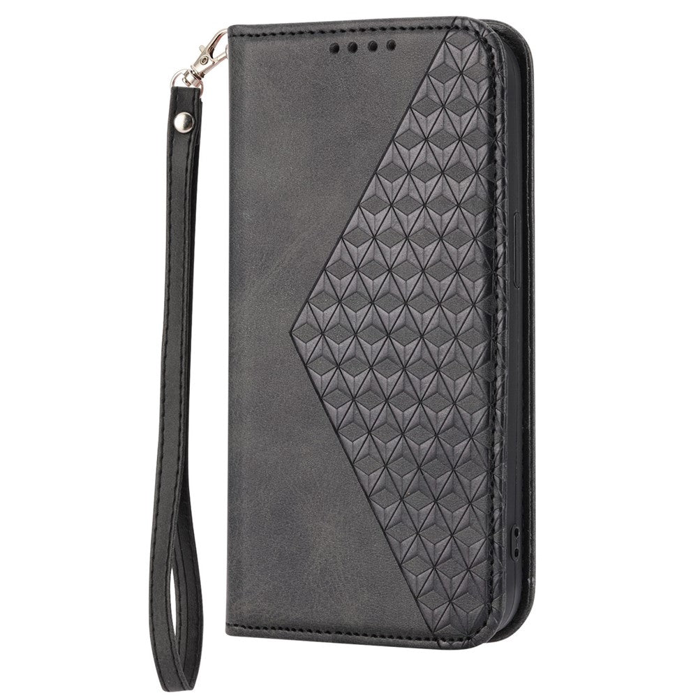 For Samsung Galaxy S22+ 5G Calf Texture PU Leather Imprinted Rhombus Pattern Case Phone Wallet Stand Cover with Strap