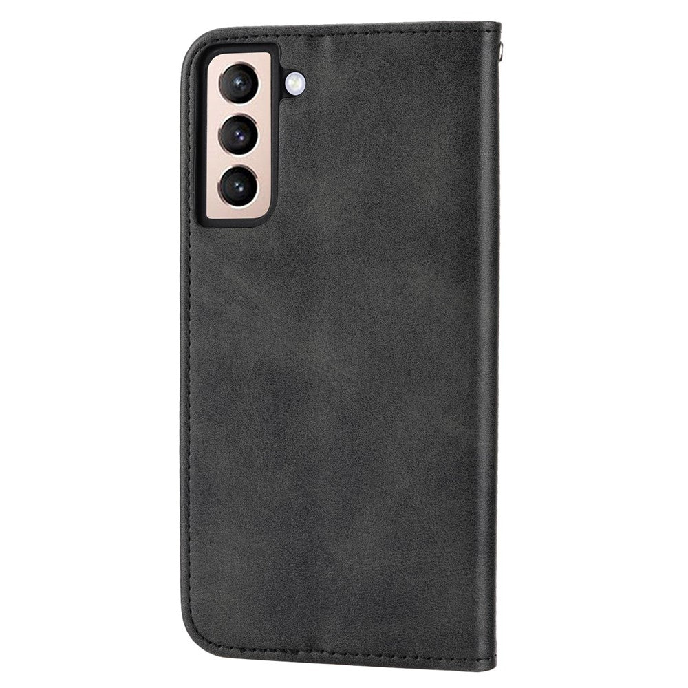 For Samsung Galaxy S22+ 5G Calf Texture PU Leather Imprinted Rhombus Pattern Case Phone Wallet Stand Cover with Strap