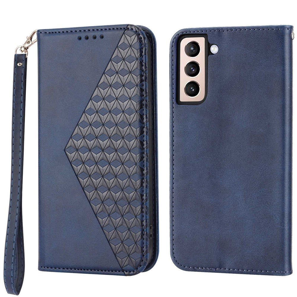For Samsung Galaxy S22+ 5G Calf Texture PU Leather Imprinted Rhombus Pattern Case Phone Wallet Stand Cover with Strap