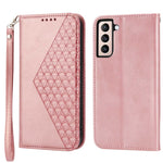 For Samsung Galaxy S22+ 5G Calf Texture PU Leather Imprinted Rhombus Pattern Case Phone Wallet Stand Cover with Strap
