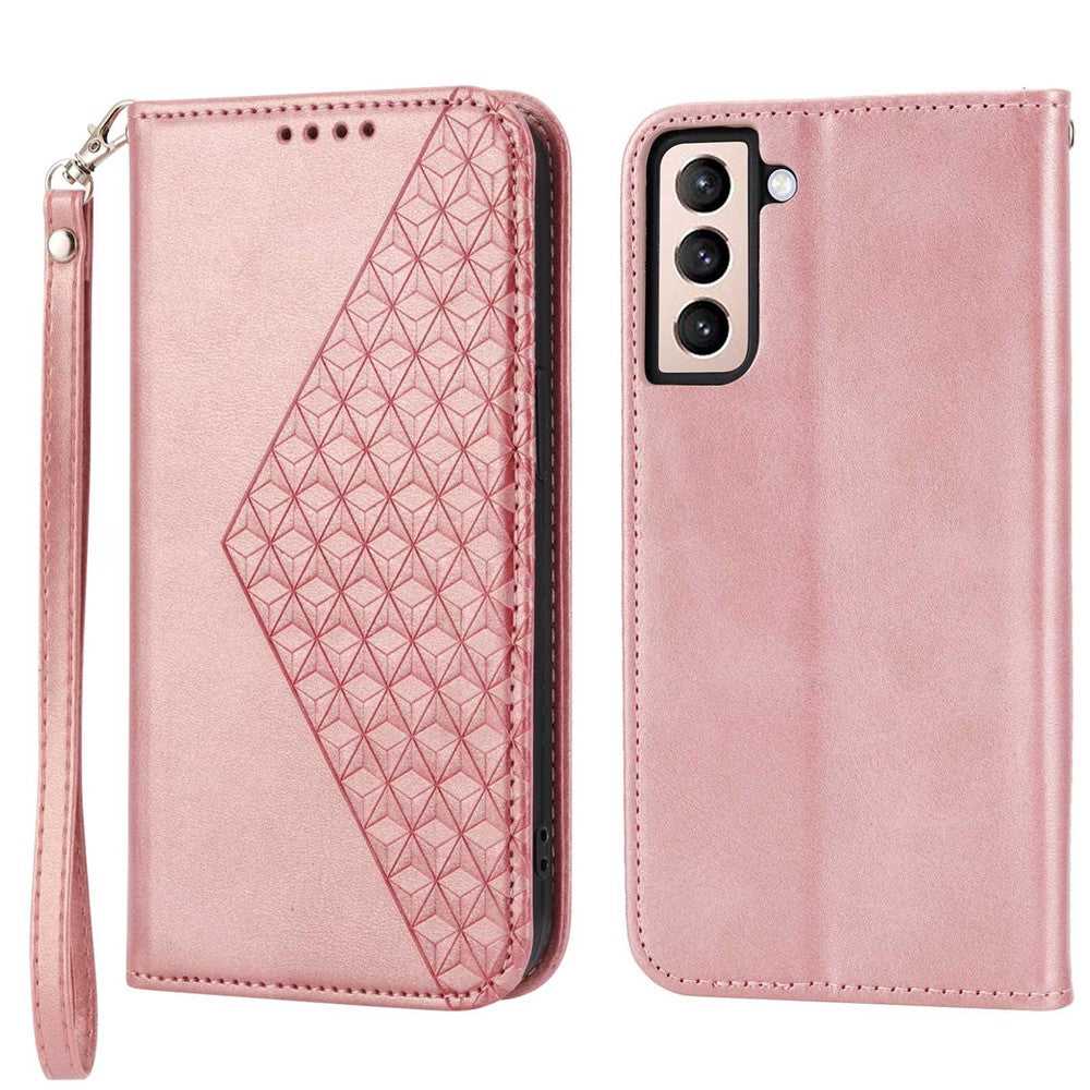 For Samsung Galaxy S22+ 5G Calf Texture PU Leather Imprinted Rhombus Pattern Case Phone Wallet Stand Cover with Strap