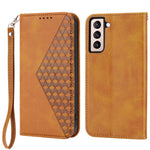 For Samsung Galaxy S22+ 5G Calf Texture PU Leather Imprinted Rhombus Pattern Case Phone Wallet Stand Cover with Strap