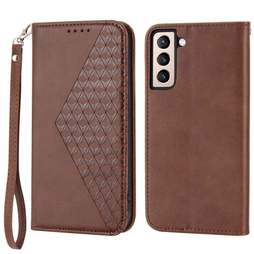 For Samsung Galaxy S22+ 5G Calf Texture PU Leather Imprinted Rhombus Pattern Case Phone Wallet Stand Cover with Strap
