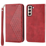 For Samsung Galaxy S22+ 5G Calf Texture PU Leather Imprinted Rhombus Pattern Case Phone Wallet Stand Cover with Strap
