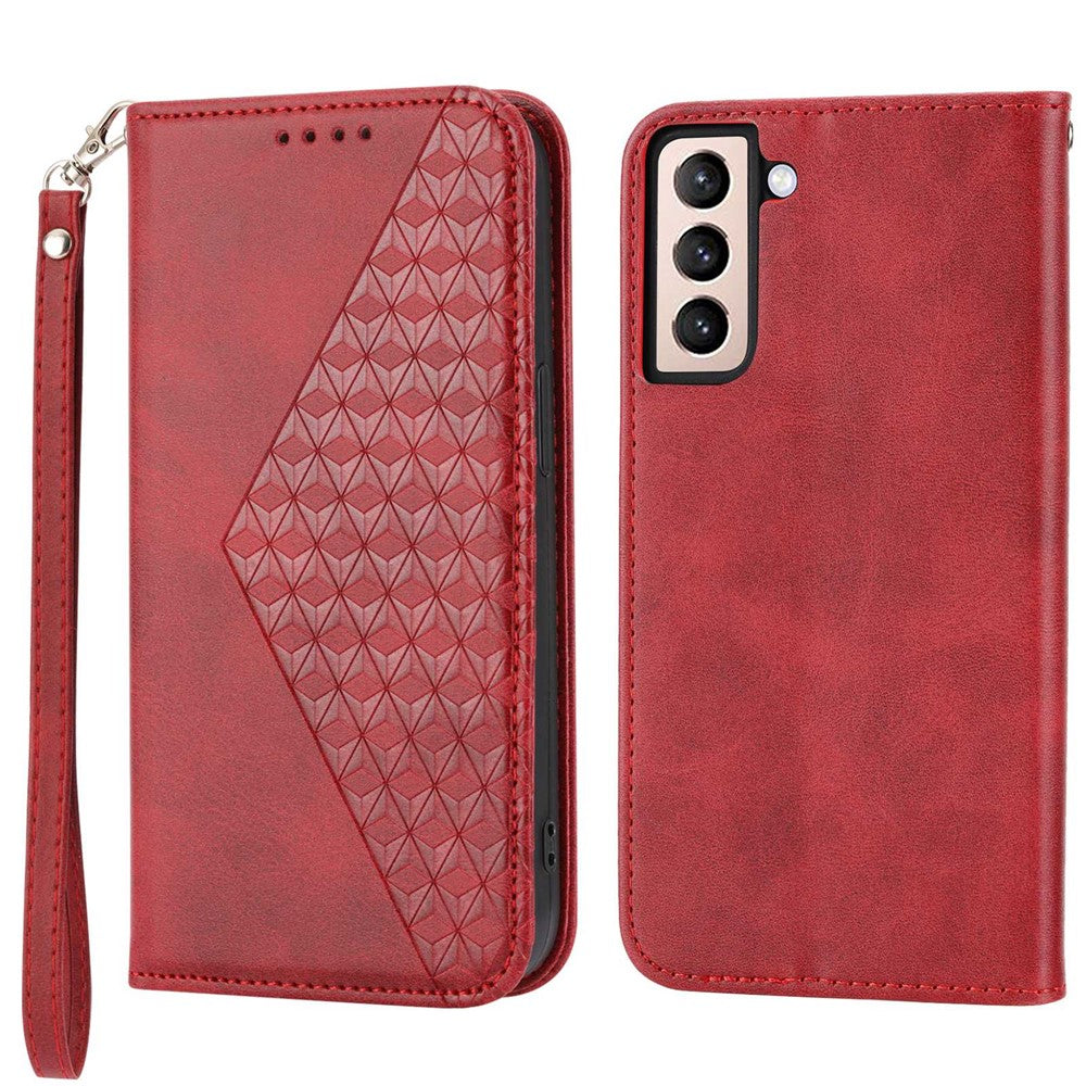 For Samsung Galaxy S22+ 5G Calf Texture PU Leather Imprinted Rhombus Pattern Case Phone Wallet Stand Cover with Strap