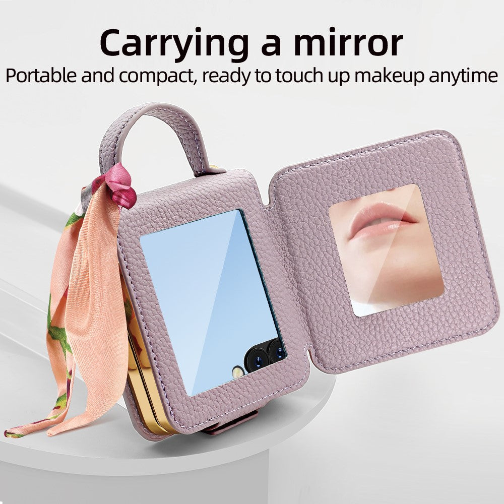 Til Samsung Galaxy Z Flip7 5G etui PU-læder + PC-håndtaske telefoncover med spejl
