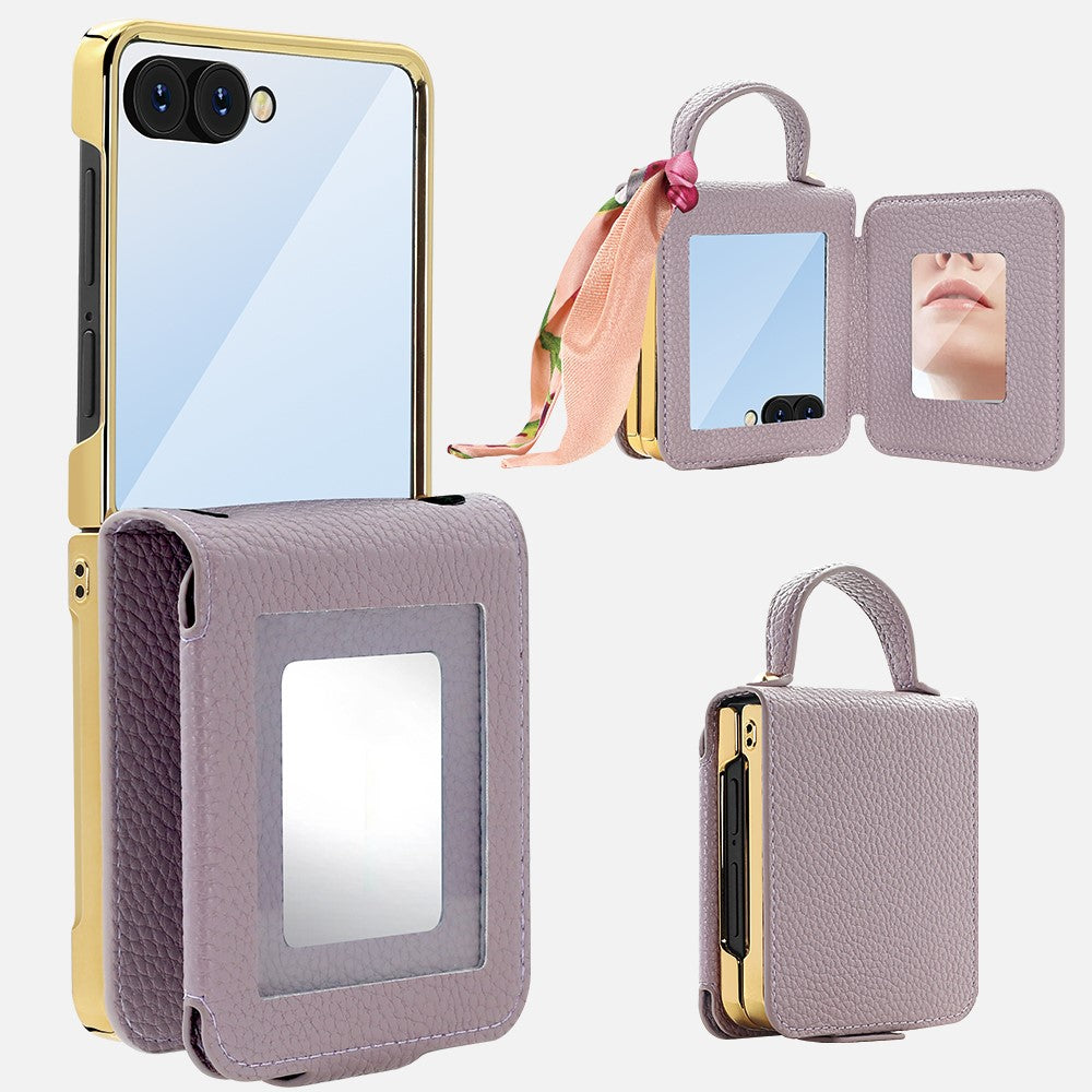 Til Samsung Galaxy Z Flip7 5G etui PU-læder + PC-håndtaske telefoncover med spejl