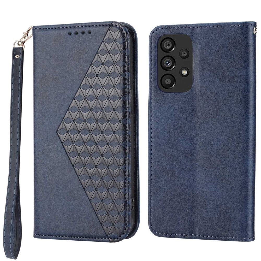 For Samsung Galaxy A72 4G / 5G Full Protection Calf Texture Phone Case PU Leather Wallet Stand Imprinted Rhombus Pattern Cell Phone Cover with Strap