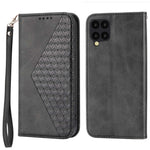 Anti-drop Protective Phone Case For Samsung Galaxy A22 4G (EU Version), Calf Texture PU Leather Imprinted Rhombus Pattern Flip Cover Wallet Stand with Strap