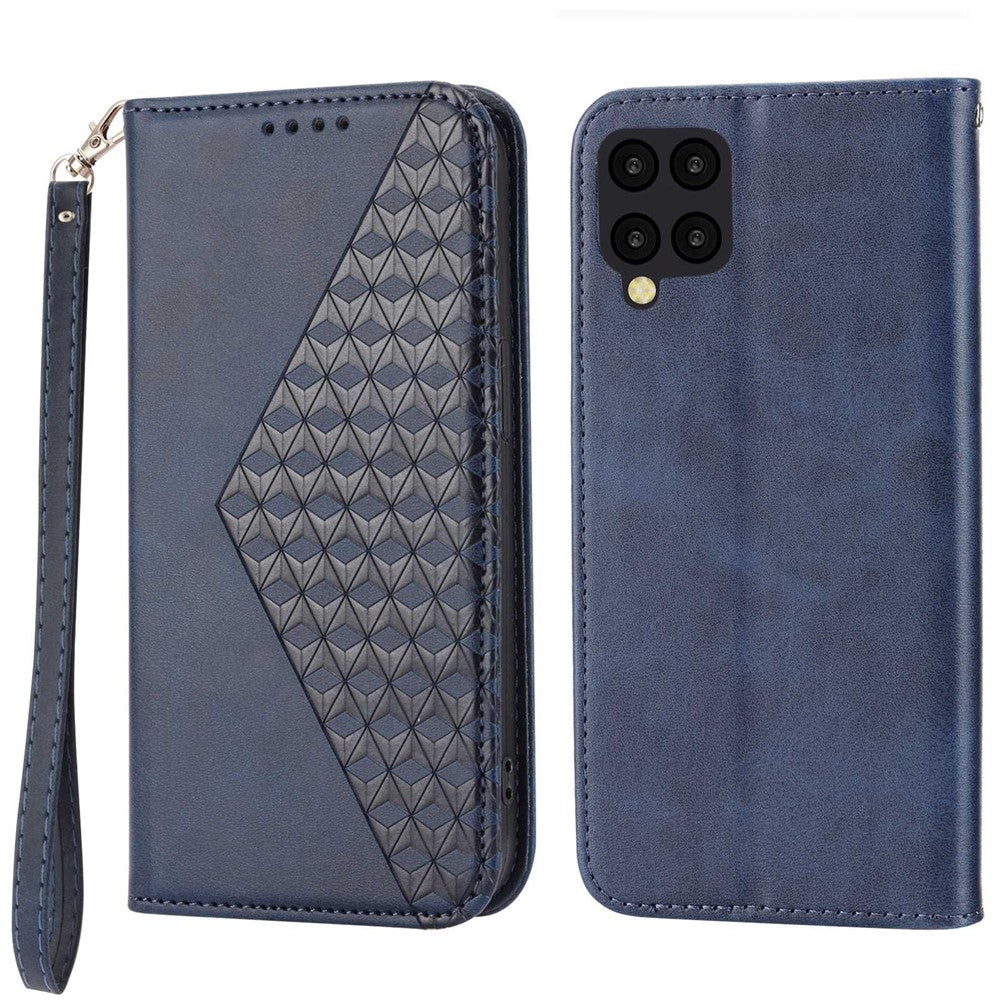 Anti-drop Protective Phone Case For Samsung Galaxy A22 4G (EU Version), Calf Texture PU Leather Imprinted Rhombus Pattern Flip Cover Wallet Stand with Strap