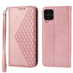 Anti-drop Protective Phone Case For Samsung Galaxy A22 4G (EU Version), Calf Texture PU Leather Imprinted Rhombus Pattern Flip Cover Wallet Stand with Strap