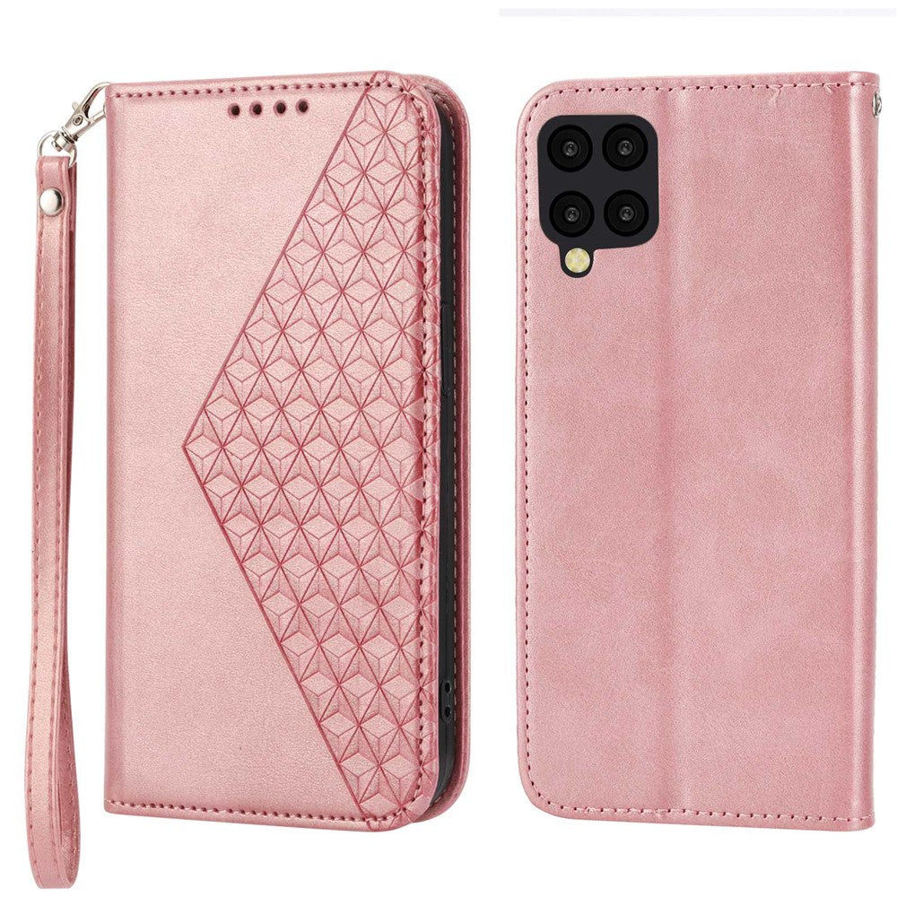 Anti-drop Protective Phone Case For Samsung Galaxy A22 4G (EU Version), Calf Texture PU Leather Imprinted Rhombus Pattern Flip Cover Wallet Stand with Strap