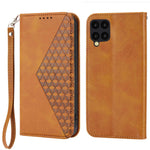 Anti-drop Protective Phone Case For Samsung Galaxy A22 4G (EU Version), Calf Texture PU Leather Imprinted Rhombus Pattern Flip Cover Wallet Stand with Strap