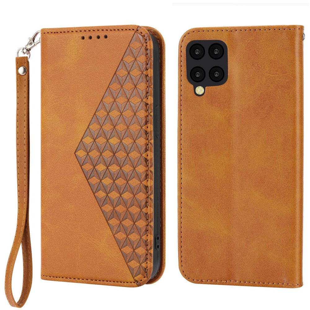 Anti-drop Protective Phone Case For Samsung Galaxy A22 4G (EU Version), Calf Texture PU Leather Imprinted Rhombus Pattern Flip Cover Wallet Stand with Strap