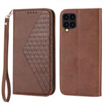 Anti-drop Protective Phone Case For Samsung Galaxy A22 4G (EU Version), Calf Texture PU Leather Imprinted Rhombus Pattern Flip Cover Wallet Stand with Strap