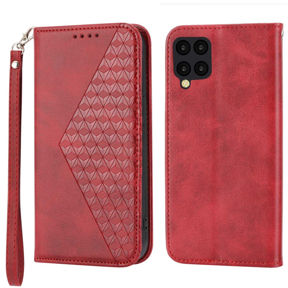 Anti-drop Protective Phone Case For Samsung Galaxy A22 4G (EU Version), Calf Texture PU Leather Imprinted Rhombus Pattern Flip Cover Wallet Stand with Strap