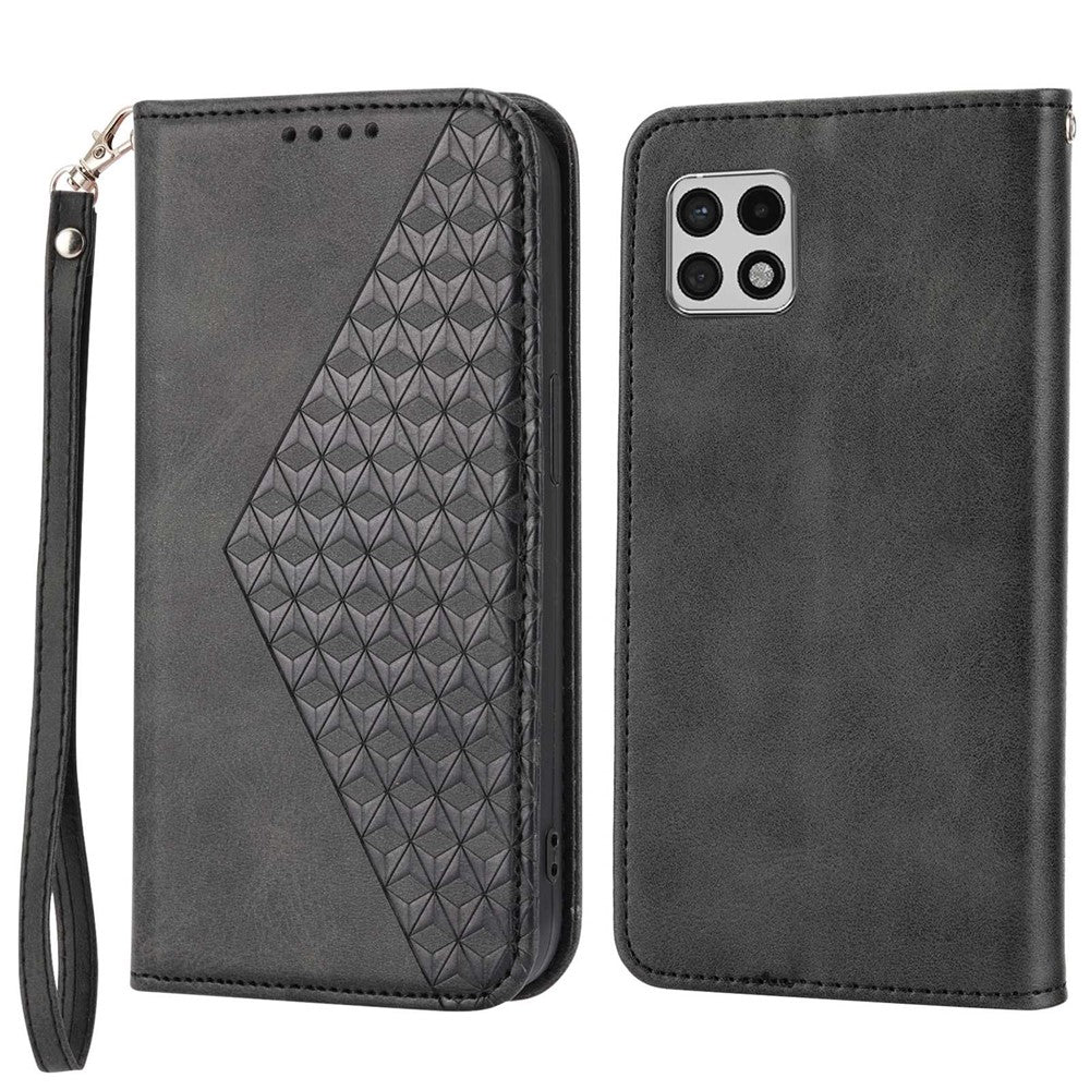 Flip Cover Wallet Etui Til Samsung Galaxy A22 5G (EU Version), Kalvetekstur PU Læder Stativ Præget Rombus Mønster Mobiltelefon Cover med Rem