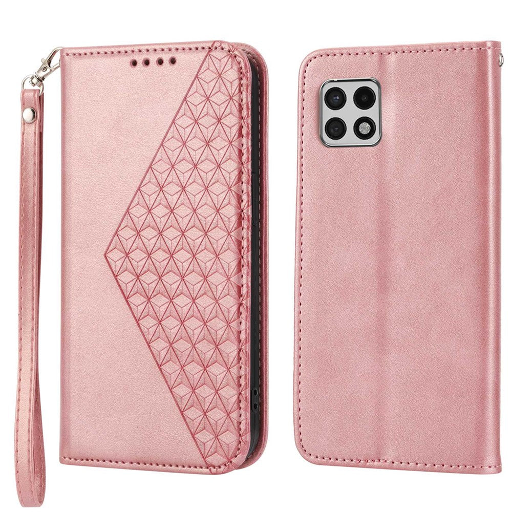 Flip Cover Wallet Etui Til Samsung Galaxy A22 5G (EU Version), Kalvetekstur PU Læder Stativ Præget Rombus Mønster Mobiltelefon Cover med Rem