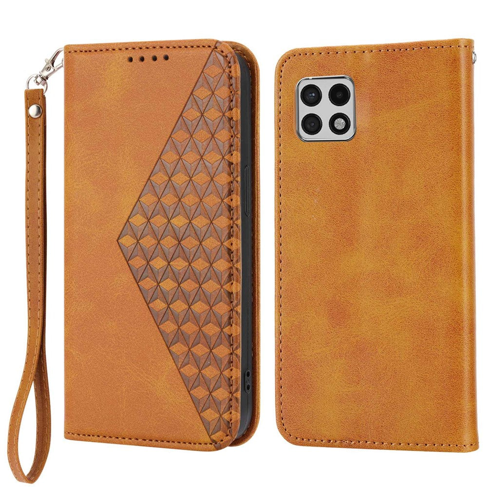 Flip Cover Wallet Etui Til Samsung Galaxy A22 5G (EU Version), Kalvetekstur PU Læder Stativ Præget Rombus Mønster Mobiltelefon Cover med Rem