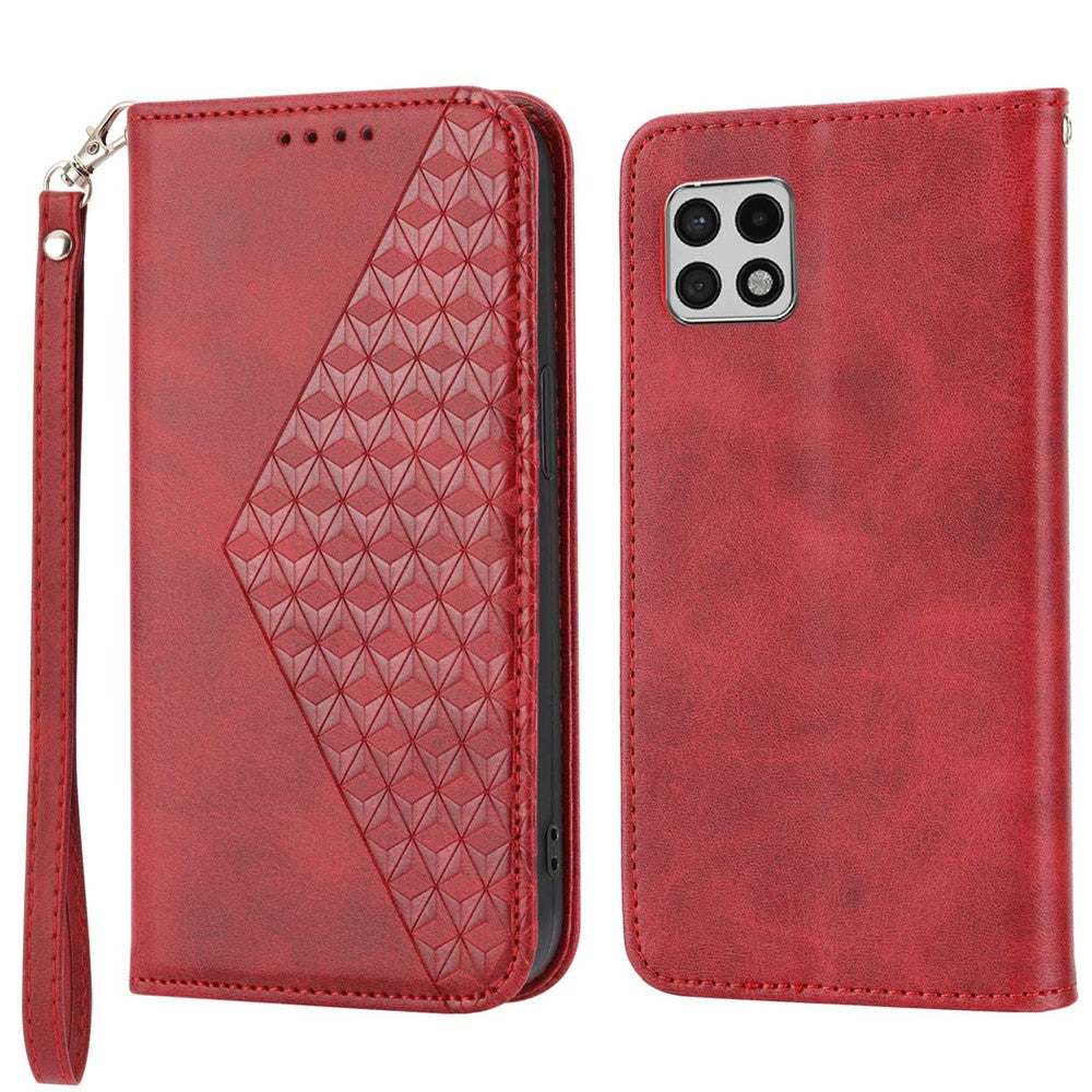 Flip Cover Wallet Etui Til Samsung Galaxy A22 5G (EU Version), Kalvetekstur PU Læder Stativ Præget Rombus Mønster Mobiltelefon Cover med Rem